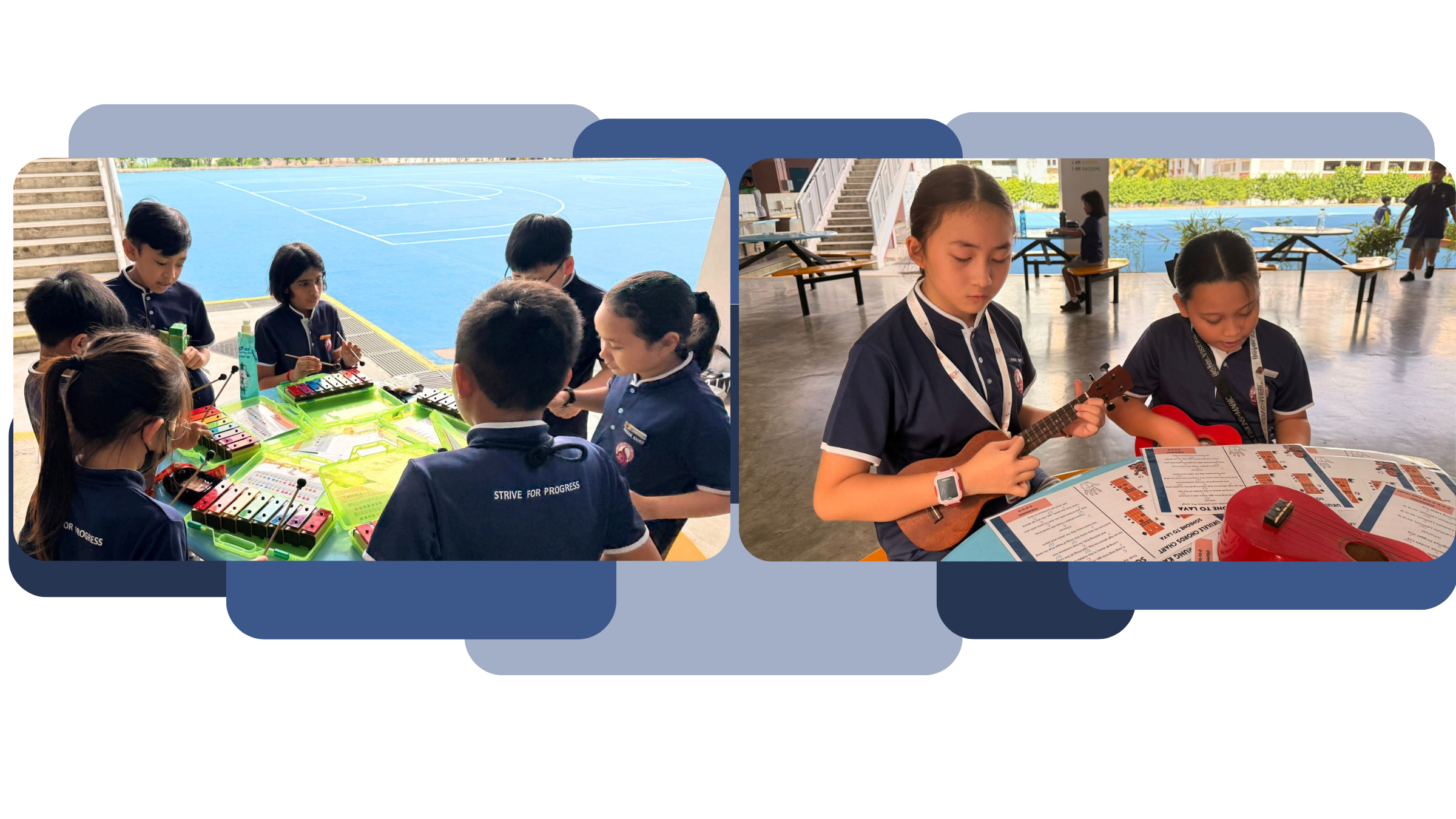 Students in school uniforms participating in Recess Jams, with one group gathered around a table playing xylophones in the school's round table, and two students playing ukeleles indoors while referring to a chord chart.